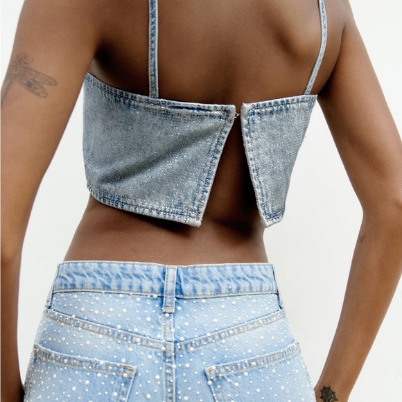 Zara rhinestone denim crop top - Picture 5 of 11